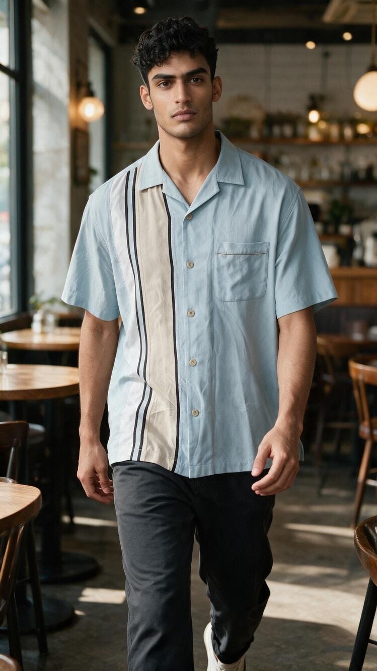 Nat Nast Luxury Originals Mens Silk Bowling Shirt Blue Striped Sz Medium